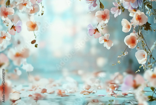 Floral showcase background with pale pink hanging flowers at blue bokeh