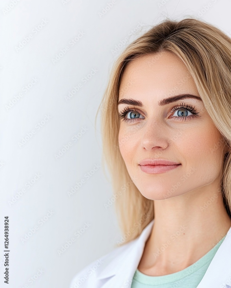 Young Female Doctor in White Lab Coat with Bright Blue Eyes Posing in Clean Medical Environment Young Female Doctor in White Lab Coat with Bright Blue Eyes Posing in Clean Medical Environment