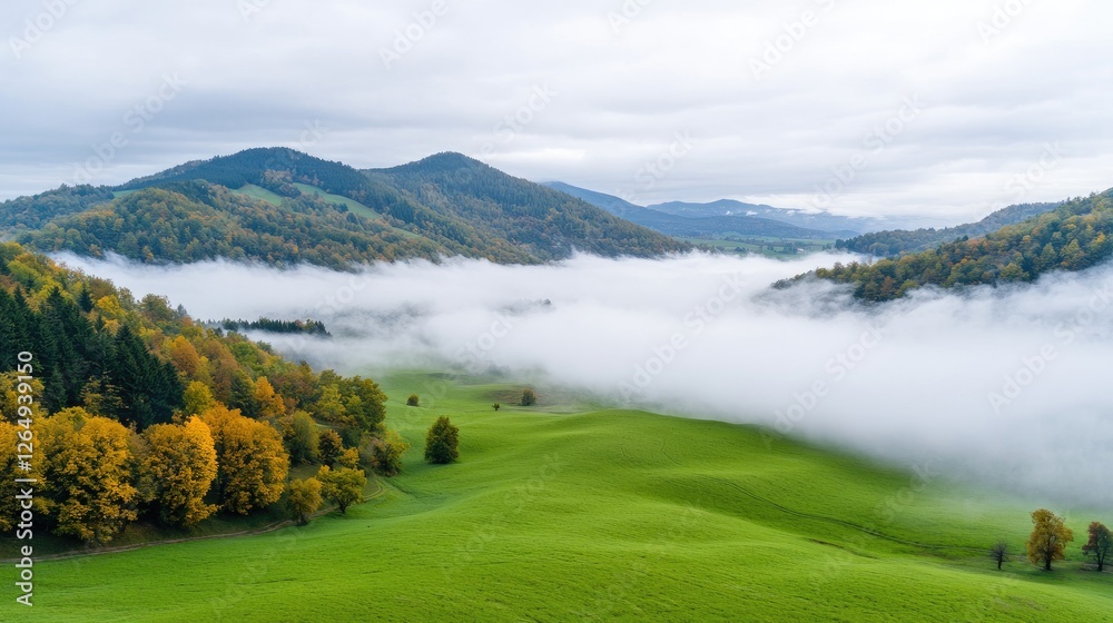 Autumnal valley shrouded in mist. Aerial view. Possible use nature background Autumnal valley shrouded in mist. Aerial view. Possible use nature background