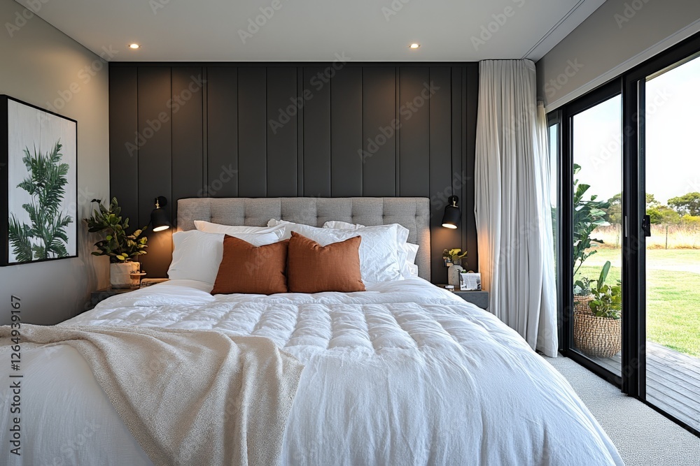 Cozy modern bedroom featuring a stylish design with neutral tones and natural light in a serene environment Cozy modern bedroom featuring a stylish design with neutral tones and natural light in a serene environment