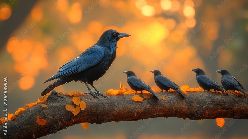 Fototapeta premium Crow Family Sunset Branch Autumn Wildlife