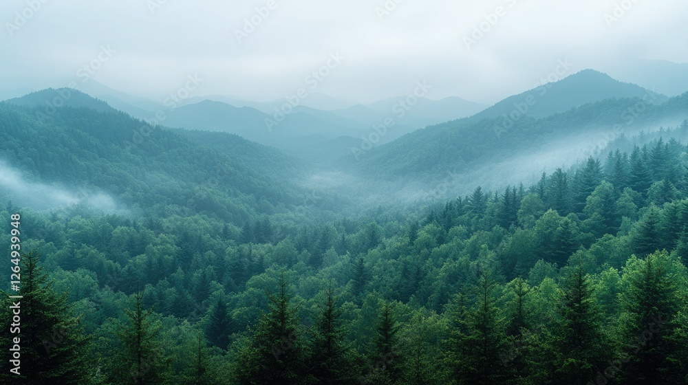 Lush green forest covers misty mountains during early morning in a serene and tranquil landscape Lush green forest covers misty mountains during early morning in a serene and tranquil landscape