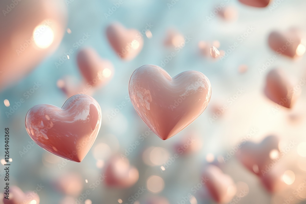 Fototapeta premium Soft pink glossy heart balloons floating through dreamy sky, gentle light, romantic atmosphere, sweet, airy, love-themed, joyful and delicate feeling