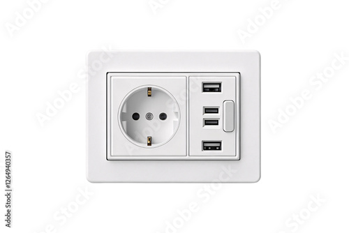 A versatile wall socket panel featuring a European outlet, four USB ports, and a switch, combining functionality, modernity, and convenience in one sleek design, isolated on a transparent background