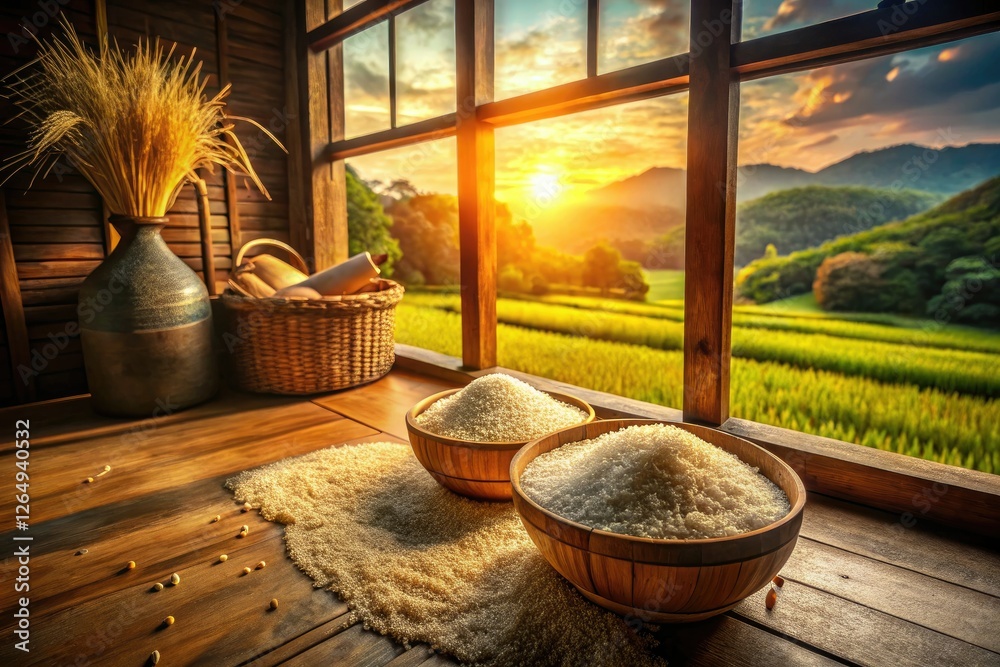 Aerial view reveals a weathered wooden bowl and a rice-filled basket beside a window. Rustic charm. Aerial view reveals a weathered wooden bowl and a rice-filled basket beside a window. Rustic charm.