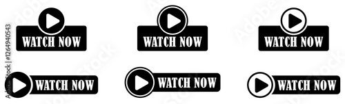 Watch now buttons icon set collection. Watch now button set with play icon. Watch now buttons play video button set watch video now button for website ui element black and white. Vector illustration 