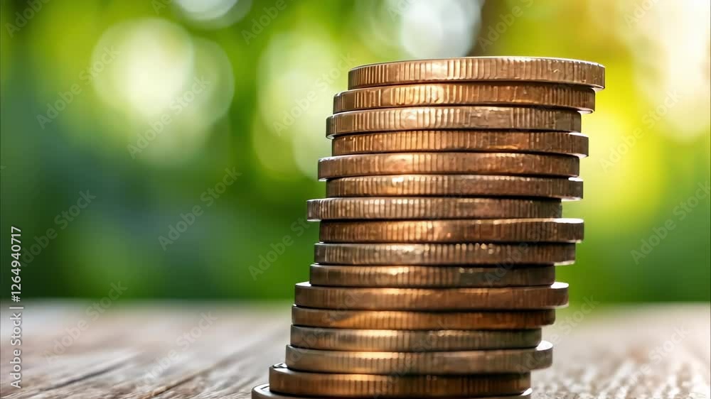 A stack of coins on a wooden surface, with blurred greenery in the background, suggesting a theme of finance or savings.