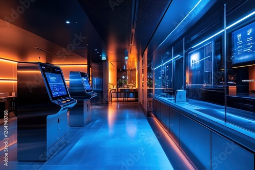  Fully automated digital bank with no human staff featuring self-service kiosks, AI-driven holograms, and retina scanners. Futuristic financial services in a high-tech setting. photo