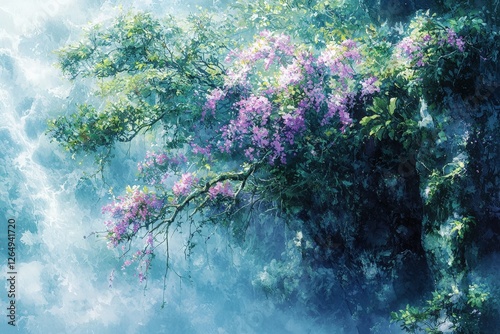Beautiful painting of a tree adorned with purple flowers showcasing natures splendor