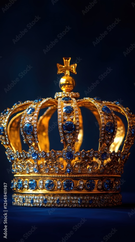 Obraz premium Majestic Golden Crown Adorned with Sapphire Jewels Symbol of Royalty and Power on Dark Backdrop