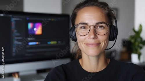 Professional woman engaging in remote work with headset in modern office setting during daytime hours