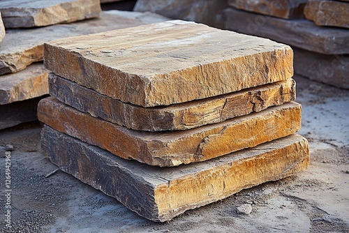  Large square sandstone block with deep earthy hues stacked among similar stones at historic construction site. Weathered textures highlight ancient craftsmanship. photo