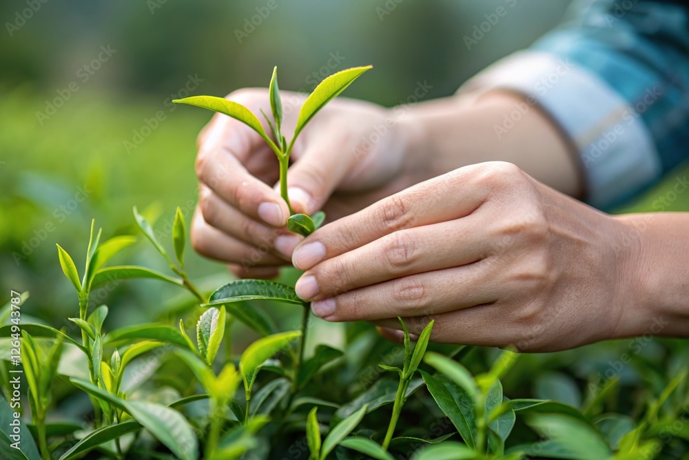 Hands carefully harvesting fresh tea leaves from lush green plants in a scenic landscape. Hands carefully harvesting fresh tea leaves from lush green plants in a scenic landscape.