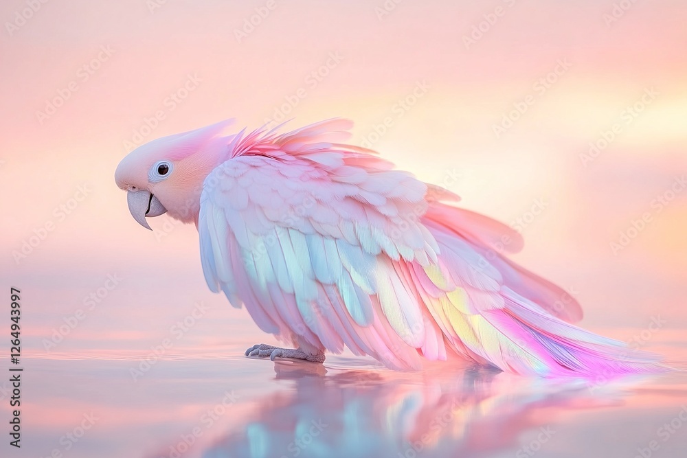 Obraz premium A vivid parrot with a tail of rainbow light glides gracefully above a glistening ocean at sunrise, surrounded by a soft-focus golden glow in a surreal setting