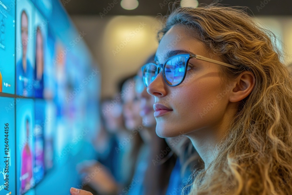 A determined woman wearing glasses analyzes data on a large screen, showcasing teamwork, technology, and focus in a collaborative, modern office environment with diverse colleagues. A determined woman wearing glasses analyzes data on a large screen, showcasing teamwork, technology, and focus in a collaborative, modern office environment with diverse colleagues.