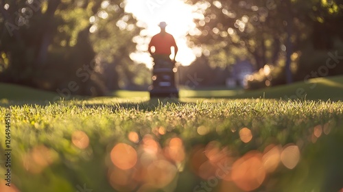 Silhouetted Golf Course Superintendent Working in Lush, Defocused Landscape