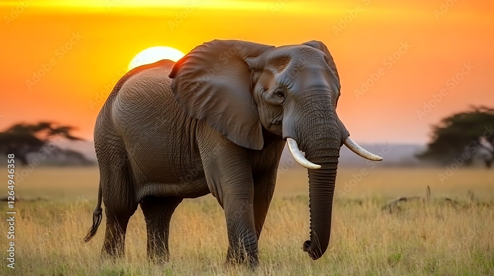 Fototapeta premium Majestic Elephant Silhouette at Sunset in African Savanna Scenery