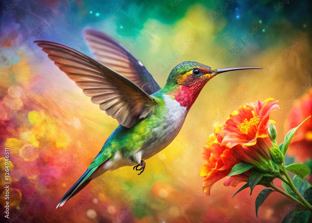 Fototapeta premium Hummingbird and Flower Double Exposure: Vibrant Watercolor Painting Effect