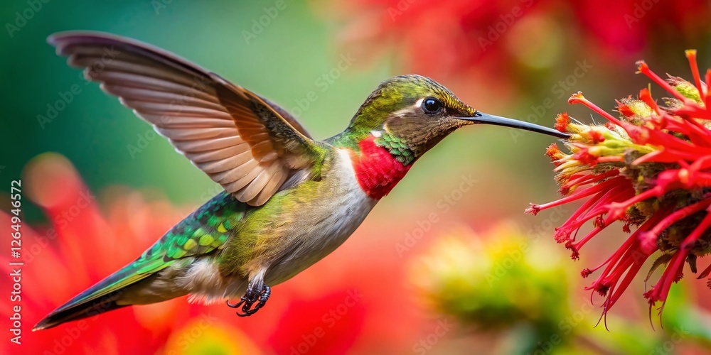 Fototapeta premium Hummingbird Feeding on Chuparosa Flower: Close-Up Macro Shot