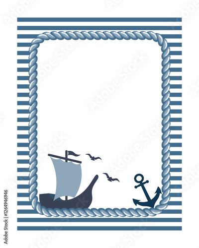 Vintage nautical frame with sea theme. Marine frame with rope, ship, anchor and seagulls. Flat illustration.