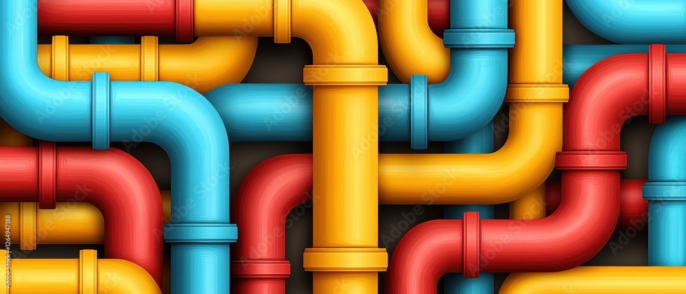 Colorful Abstract Arrangement of Blue, Red, and Yellow Pipes in a Complex Interweaving Design Colorful Abstract Arrangement of Blue, Red, and Yellow Pipes in a Complex Interweaving Design