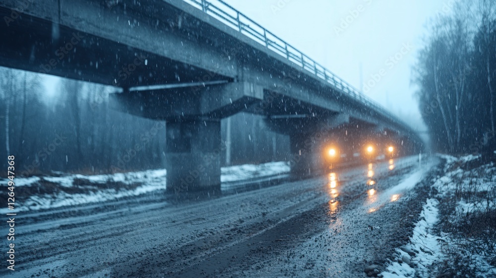 Snowy Road Under Bridge Winter Driving Vehicle Lights Cold Weather Scene Snowy Road Under Bridge Winter Driving Vehicle Lights Cold Weather Scene