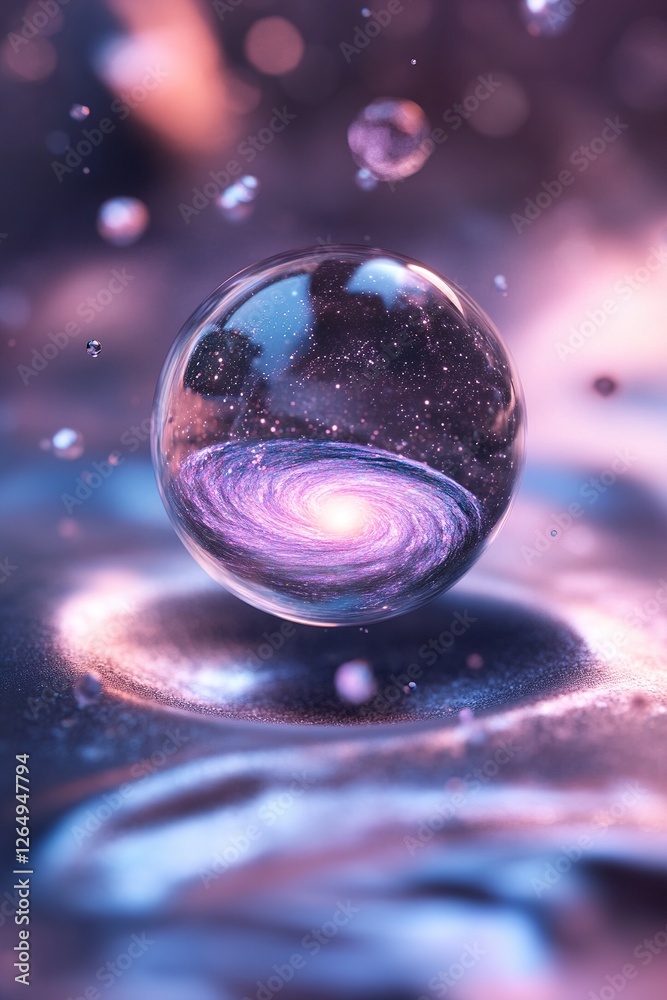 A captivating glass sphere contains an entire galaxy, suspended in a cosmic vortex of swirling colors. Iridescent particles orbit around it, creating an ethereal ambiance A captivating glass sphere contains an entire galaxy, suspended in a cosmic vortex of swirling colors. Iridescent particles orbit around it, creating an ethereal ambiance