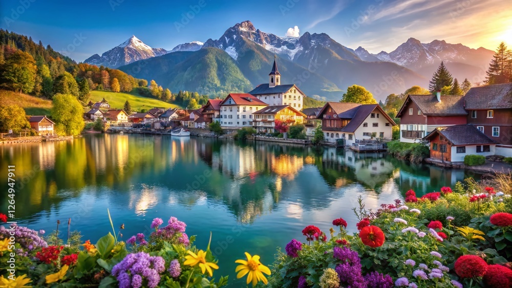 Fototapeta premium Idyllic Bavarian Lakeside Village, Alpine Mountain Scenery, Germany