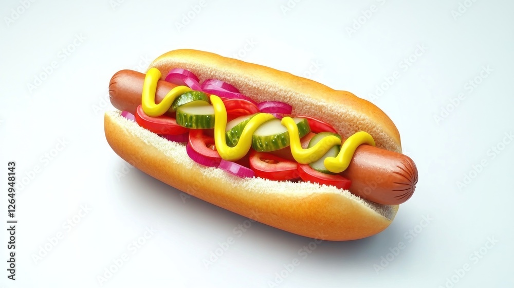 Delicious hot dog with toppings on white background; food photography for menus Delicious hot dog with toppings on white background; food photography for menus