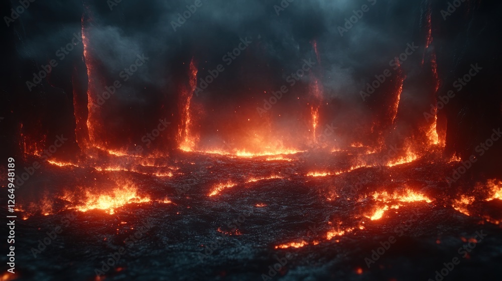 Naklejka premium Fiery landscape, volcanic eruption, dark sky, game background