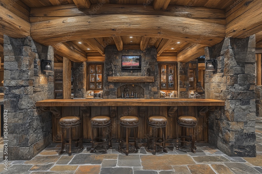 Rustic bar interior with wooden accents and stone features in a cozy mountain lodge environment Rustic bar interior with wooden accents and stone features in a cozy mountain lodge environment