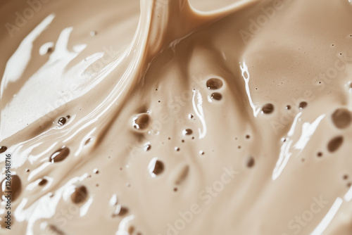Close-up of streams of flowing beige protein shake