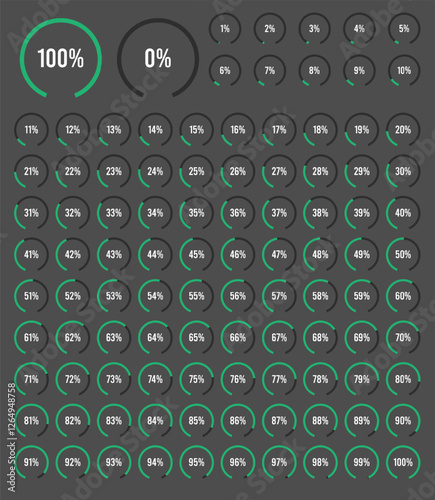 Set of circular sector percentage diagrams from 0 to 100. Set of circular sector percentage diagrams meters from 0 to 100 ready-to-use for web design, user interface UI.