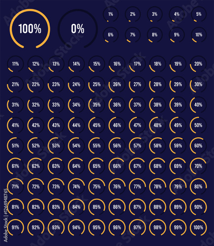 Set of circular sector percentage diagrams from 0 to 100. Set of circular sector percentage diagrams meters from 0 to 100 ready-to-use for web design, user interface UI.