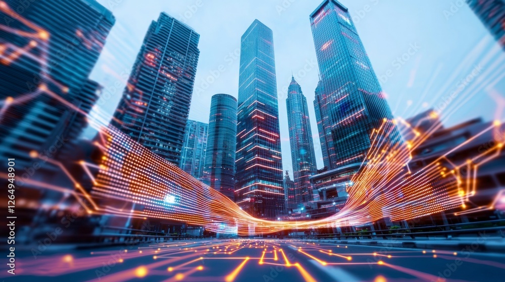Obraz premium Futuristic Cityscape Smart City Technology Network Digital Skyscrapers Urban Modern