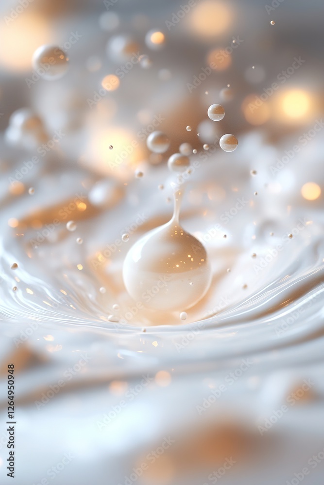 Fototapeta premium Weightless milk droplets drift in a tranquil environment, orbiting a soft light source that casts a gentle glow, creating a dreamlike, cosmic atmosphere reminiscent of a galaxy