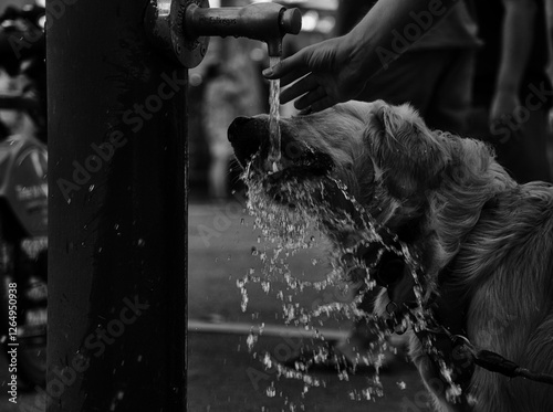 Dog drinking from a fountain