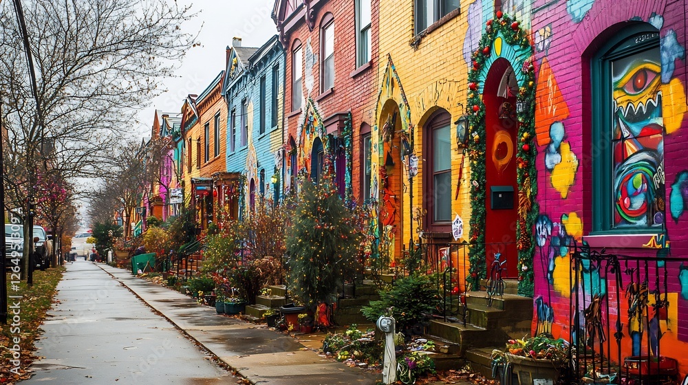Fototapeta premium Vibrant Row Houses: A Colorful Street Scene in Autumn