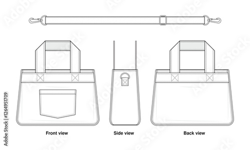 Mono Tote Technical Fashion Illustration. Mini Shoulder Bag Vector Template. Front, Side, and Back View. with Detachable Shoulder Strap, and Front Patch Pocket. CAD Mockup set.