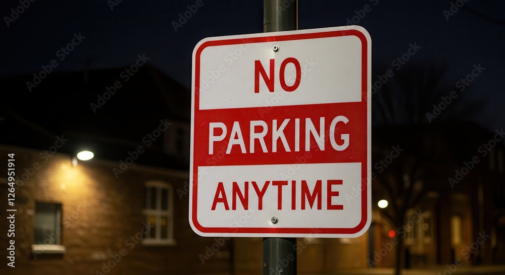 No Parking Anytime Sign at Night with Building and Streetlight No Parking Anytime Sign at Night with Building and Streetlight
