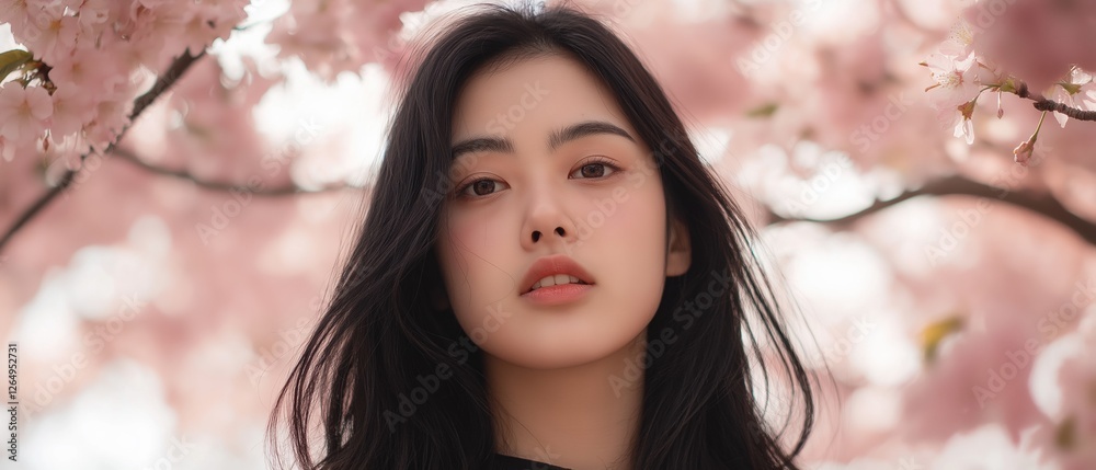 Portrait of a young woman with long dark hair. she is standing in front of a background of pink cherry blossom trees. the woman is looking directly at the camera with a serious expression on her face. Portrait of a young woman with long dark hair. she is standing in front of a background of pink cherry blossom trees. the woman is looking directly at the camera with a serious expression on her face.
