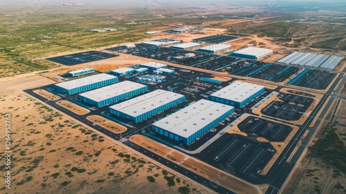 Aerial View of Large Industrial Data Center in Semi-Arid Region. Cloud Computing, Data Storage, and Technological Infrastructure.
