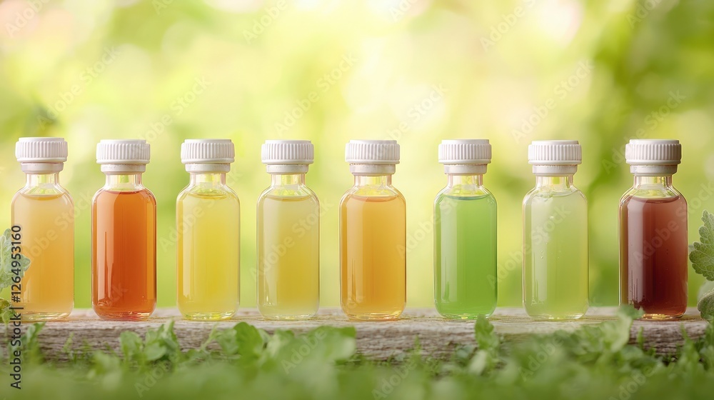 Colorful Essential Oils in Bottles Nature Background Aromatherapy Wellness Colorful Essential Oils in Bottles Nature Background Aromatherapy Wellness