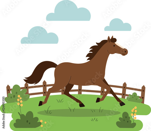 Brown horse trotting across green field in flat vector art