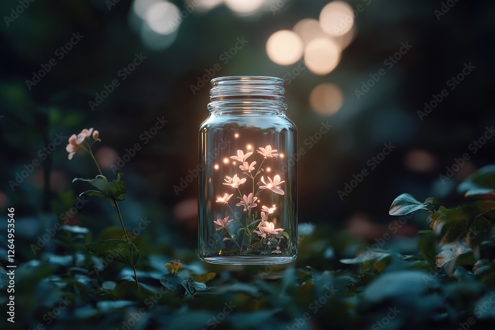 A transparent glass bottle containing glowing liquid floats gently in a surreal garden, surrounded by mist and soft, luminous light, creating an enchanting atmosphere filled with tranquility A transparent glass bottle containing glowing liquid floats gently in a surreal garden, surrounded by mist and soft, luminous light, creating an enchanting atmosphere filled with tranquility