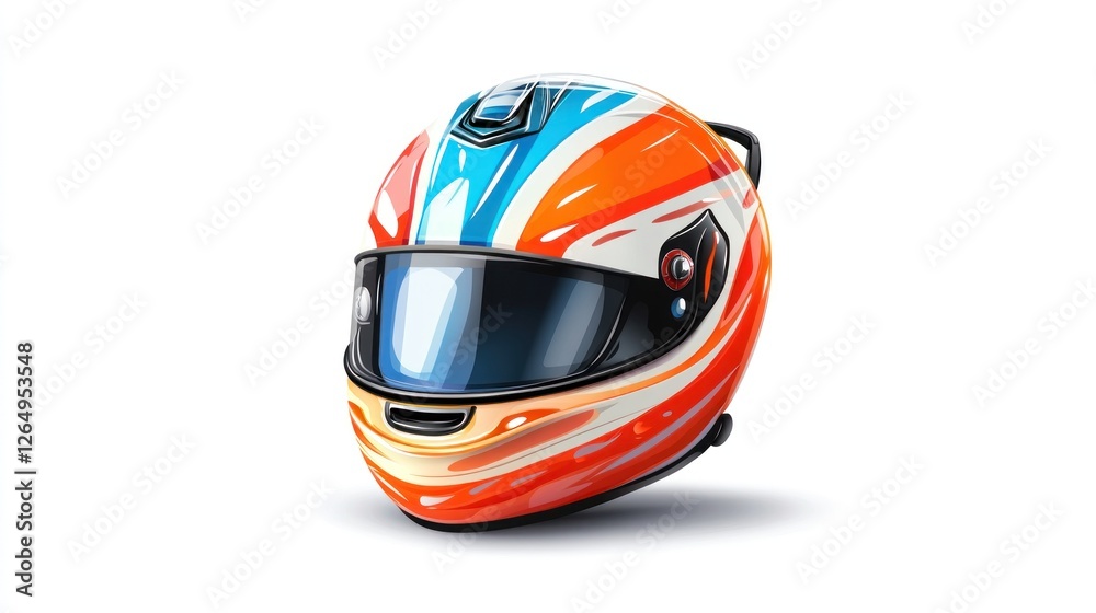 Racing Helmet, Orange Blue Design, Studio Shot, White Background, Sports Safety Racing Helmet, Orange Blue Design, Studio Shot, White Background, Sports Safety