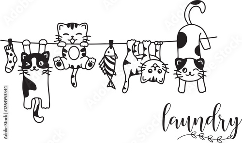 Funny Happy Cute Laundry Cats Line Clothes Decorative Room funny actions beautiful vector artwork vinyl laser cut vector poster acrylic t-shirt poster interior logo editable Wall Sticker decor mug pos
