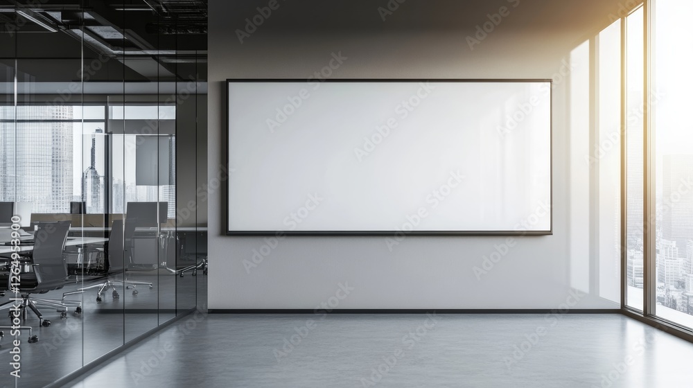 Sleek Whiteboard on Glass Partition in Minimalist Office with City View Sleek Whiteboard on Glass Partition in Minimalist Office with City View
