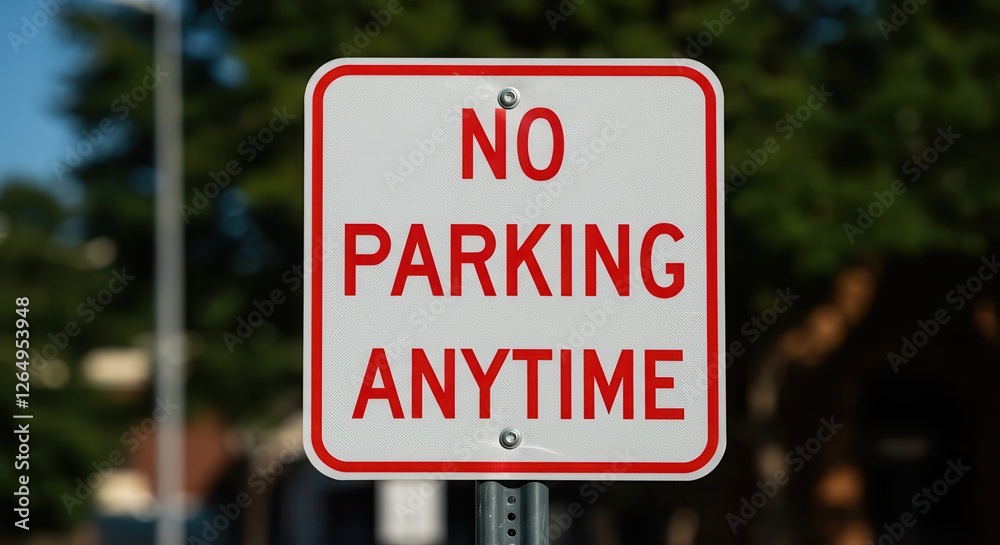 No Parking Anytime Sign in Red and White for Regulations No Parking Anytime Sign in Red and White for Regulations