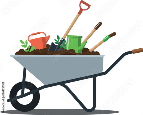 Wheelbarrow filled with gardening tools in flat vector art